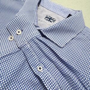 Michelsons London‎ Men XL Dress Shirt Blue Micro Houndstooth Check Long Sleeve